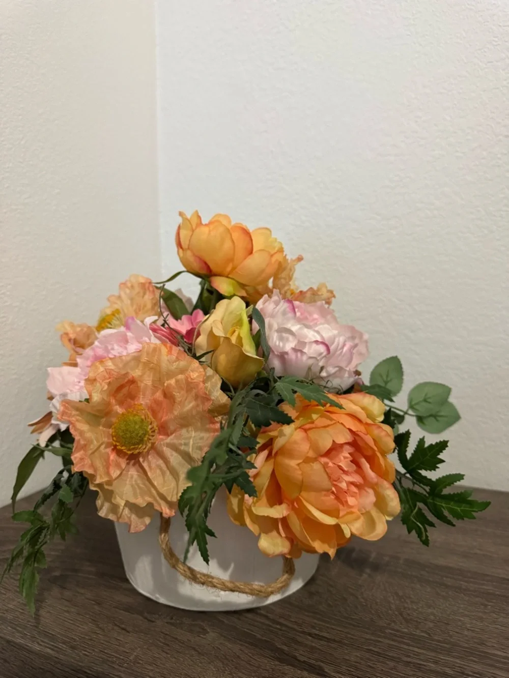 Vtg. Peach Floral Arrangement in White Wood Basket - Home Accents